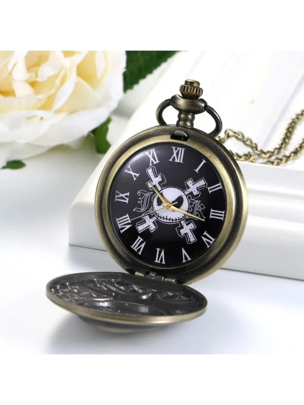 Men's Brown Quartz Vintage Novelty Solid Skull Skeleton Christmas Pocket Watch